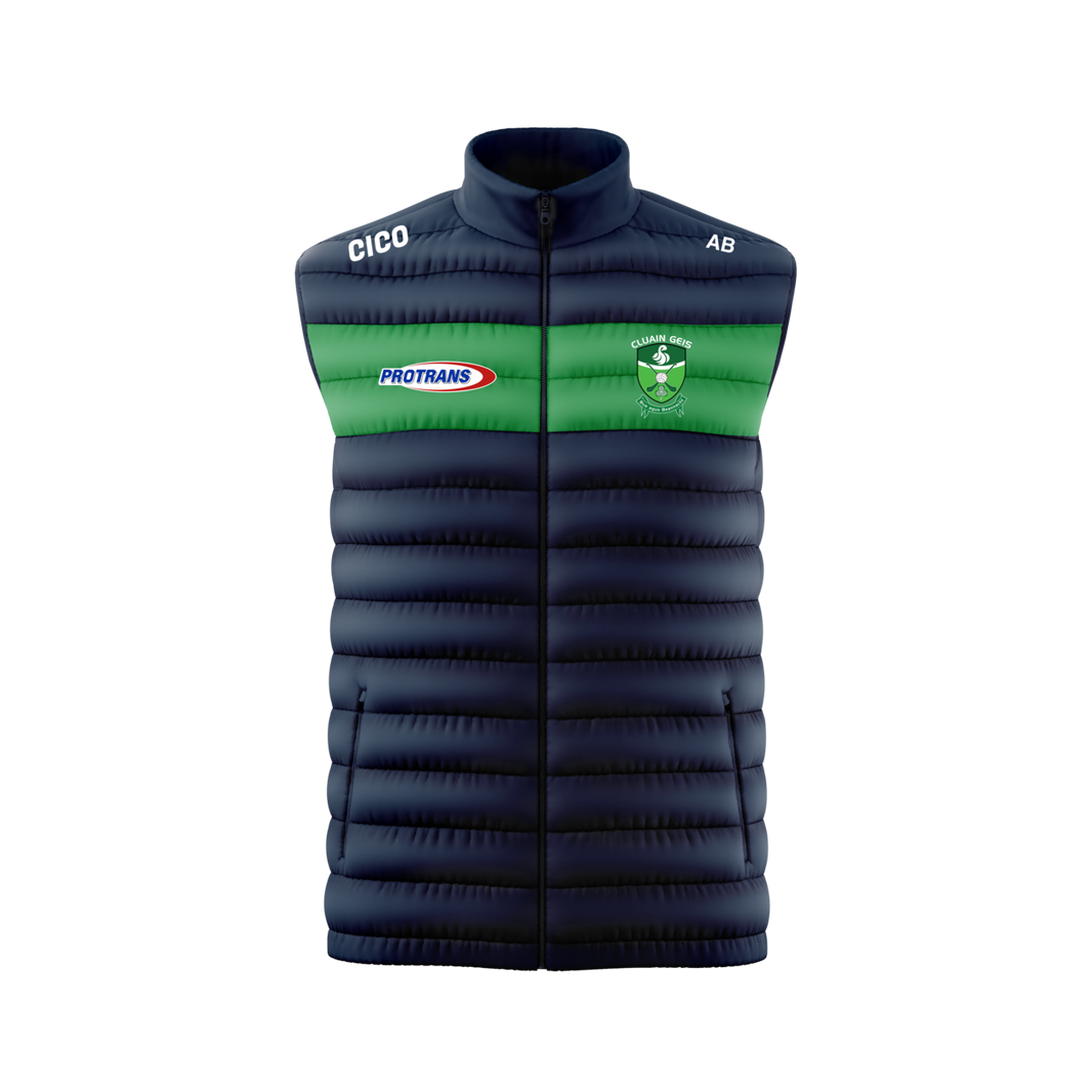 Clonguish GAA Kid's Gilet front - navy and green padded GAA gilet with club crest