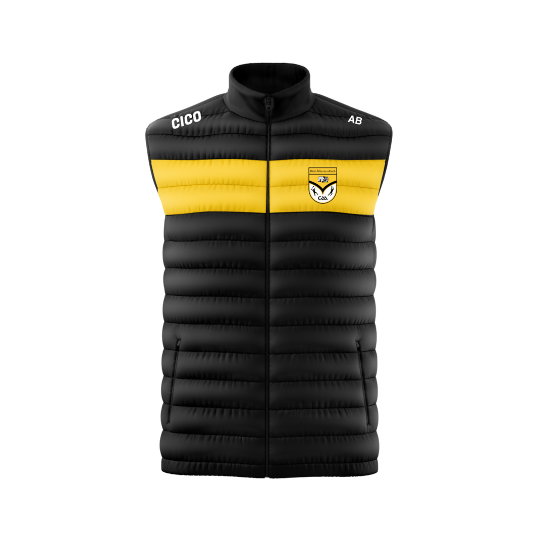 Ballinagh GAA black padded gilet with amber chest band and club crest – front