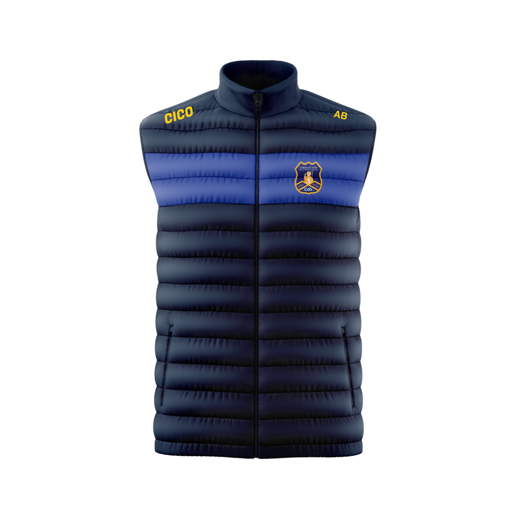 Currin GAA navy gilet with royal blue chest panel and club crest - front - Cico Sports