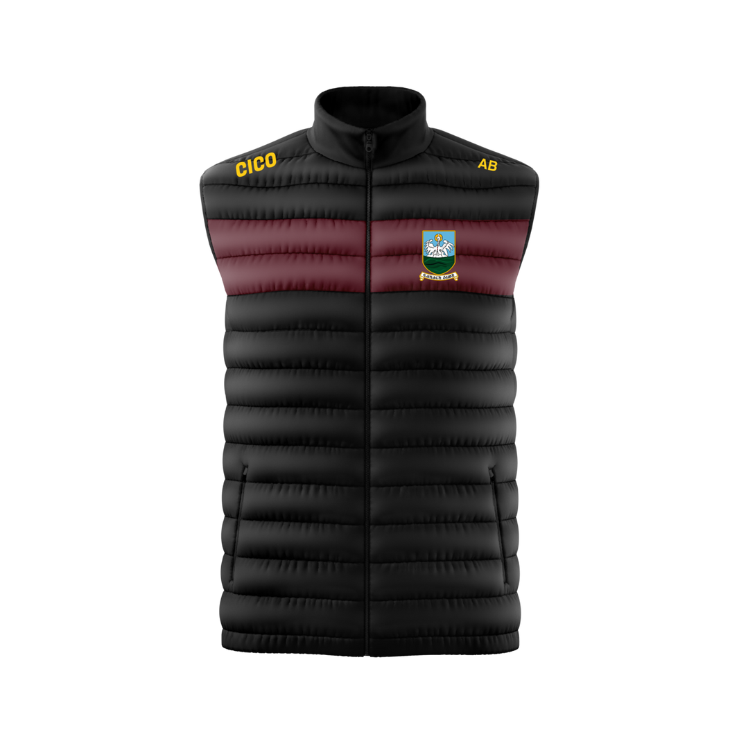 Annaduff GAA kid's black gilet with maroon chest panel and club crest - front - Cico Sports