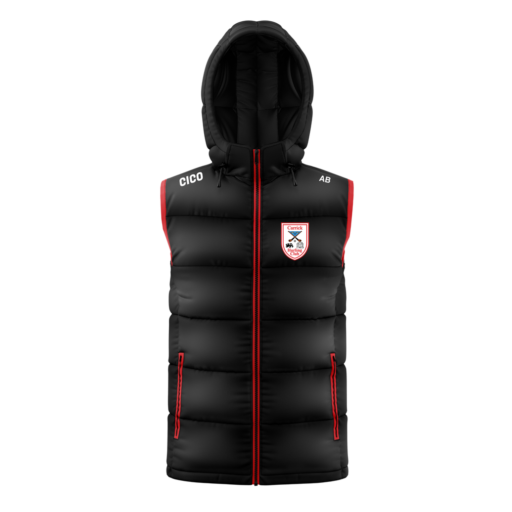 Carrick Hurling Club black hooded gilet with red trim and club crest
