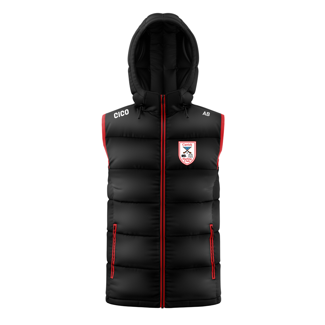 Carrick Hurling Club black hooded gilet with red trim and club crest
