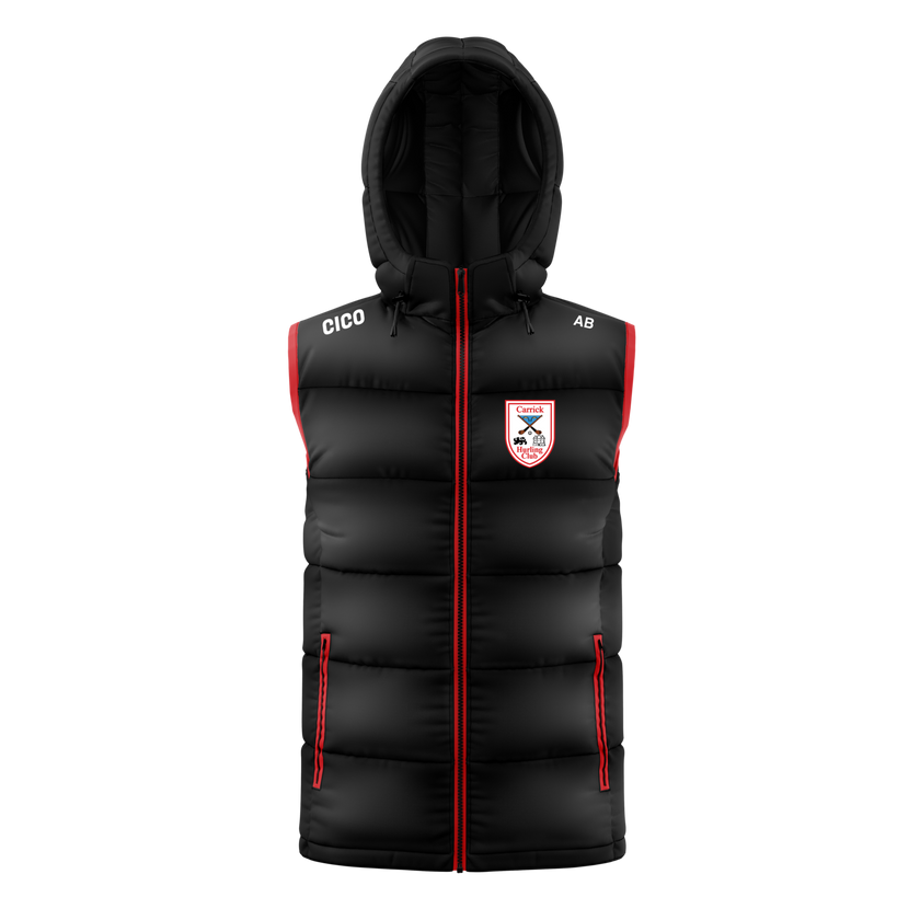 Carrick Hurling Club black hooded gilet with red trim and club crest
