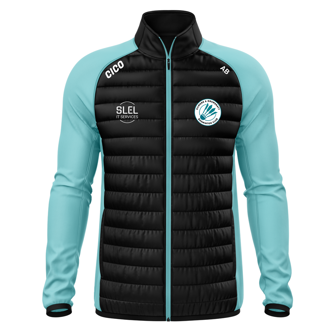 Kilmore & Drumsnatt Badminton Club black and turquoise hybrid jacket with club crest - front - Cico Sports