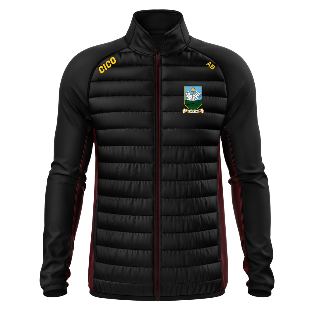 Annaduff GAA kid's black hybrid jacket with maroon side panels and club crest - front - Cico Sports