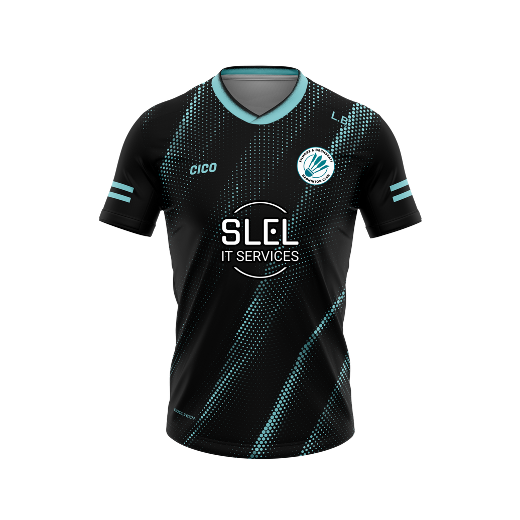 Kilmore & Drumsnatt Badminton Club black and turquoise training jersey with club crest - front - Cico Sports