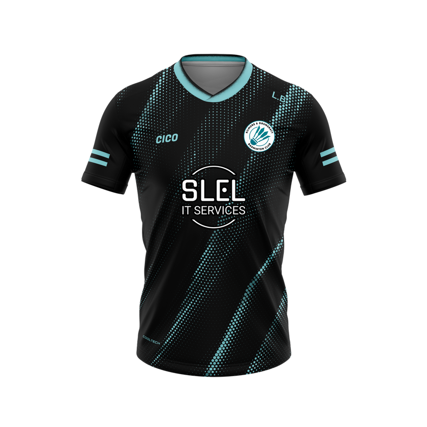 Kilmore & Drumsnatt Badminton Club black and turquoise training jersey with club crest - front - Cico Sports