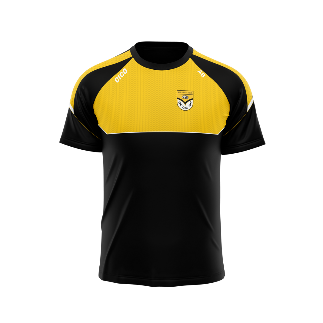 Ballinagh GAA black leisure t-shirt with amber yoke and club crest – front