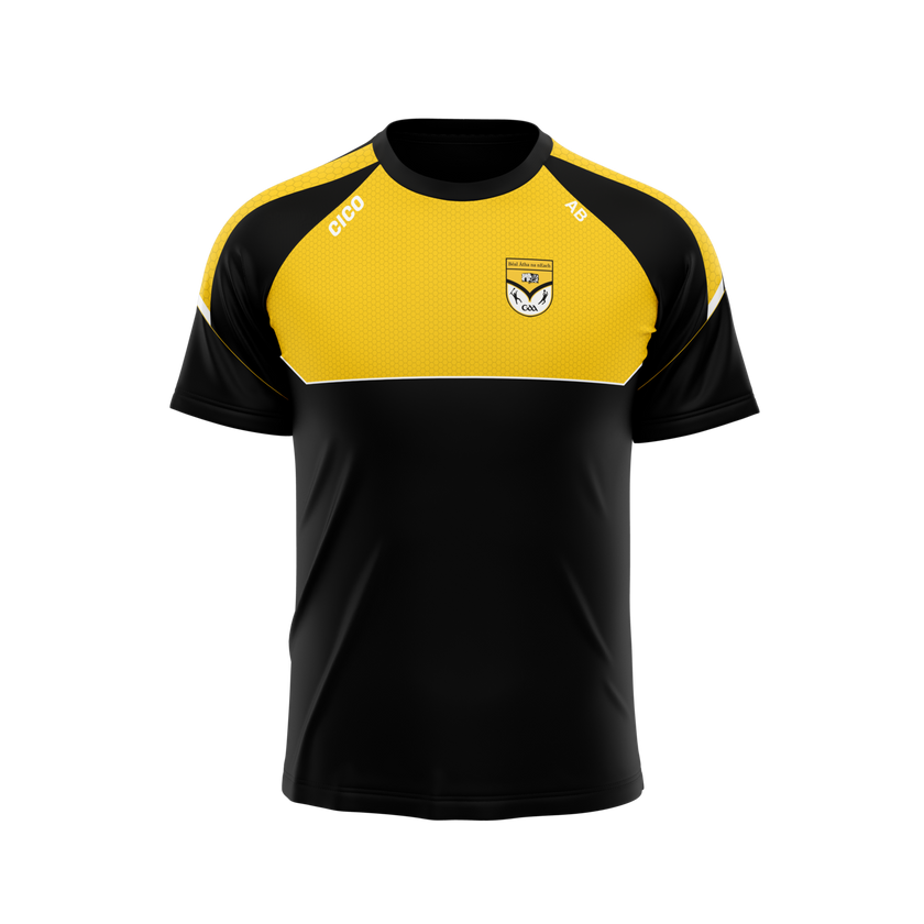 Ballinagh GAA black leisure t-shirt with amber yoke and club crest – front