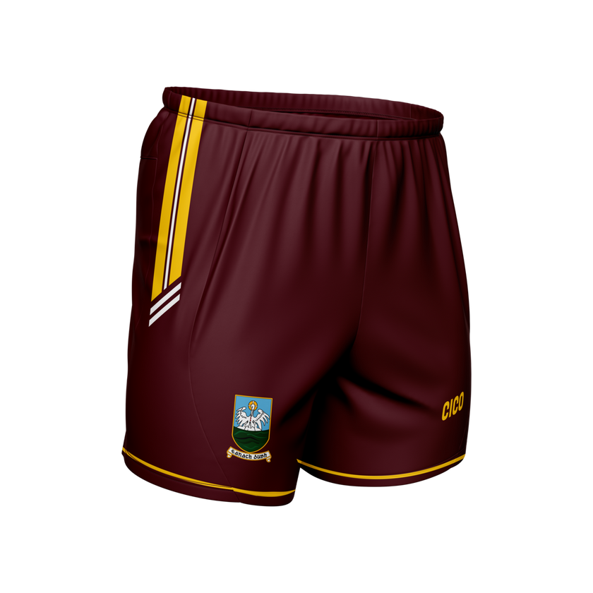 Annaduff GAA kid's maroon Gaelic shorts with gold and white stripes and club crest - Cico Sports