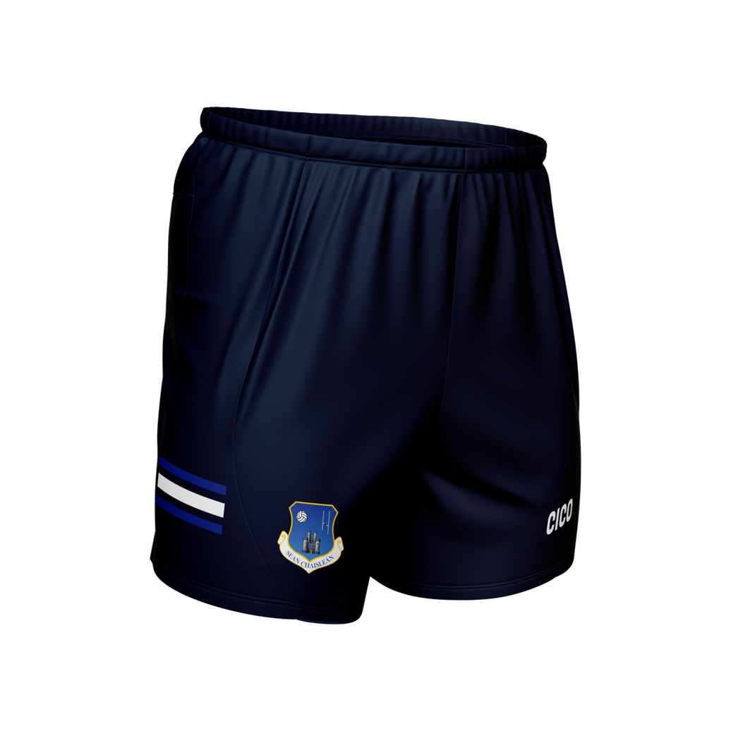 Oldcastle GAA & LGFA kid's navy Gaelic football shorts with royal and white stripes