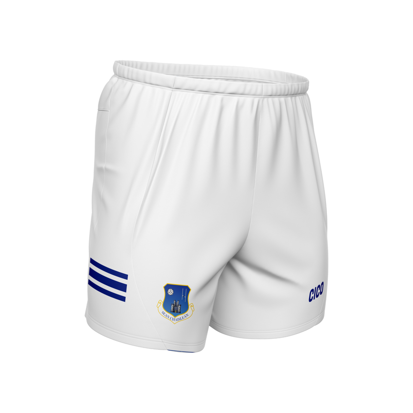 Oldcastle GAA & LGFA adult white Gaelic football shorts with royal stripes