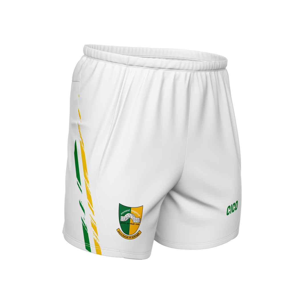 Mountnugent GAA white Gaelic shorts with emerald and gold side detail and club crest