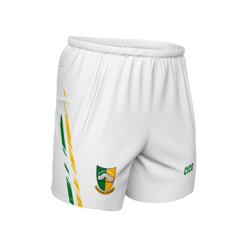 Mountnugent GAA white Gaelic shorts with emerald and gold side detail and club crest