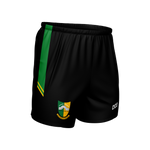 Mountnugent GAA kid's black leisure shorts with emerald and gold side panel and club crest