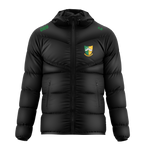 Mountnugent GAA kid's black puffer jacket with hood, emerald lettering and club crest