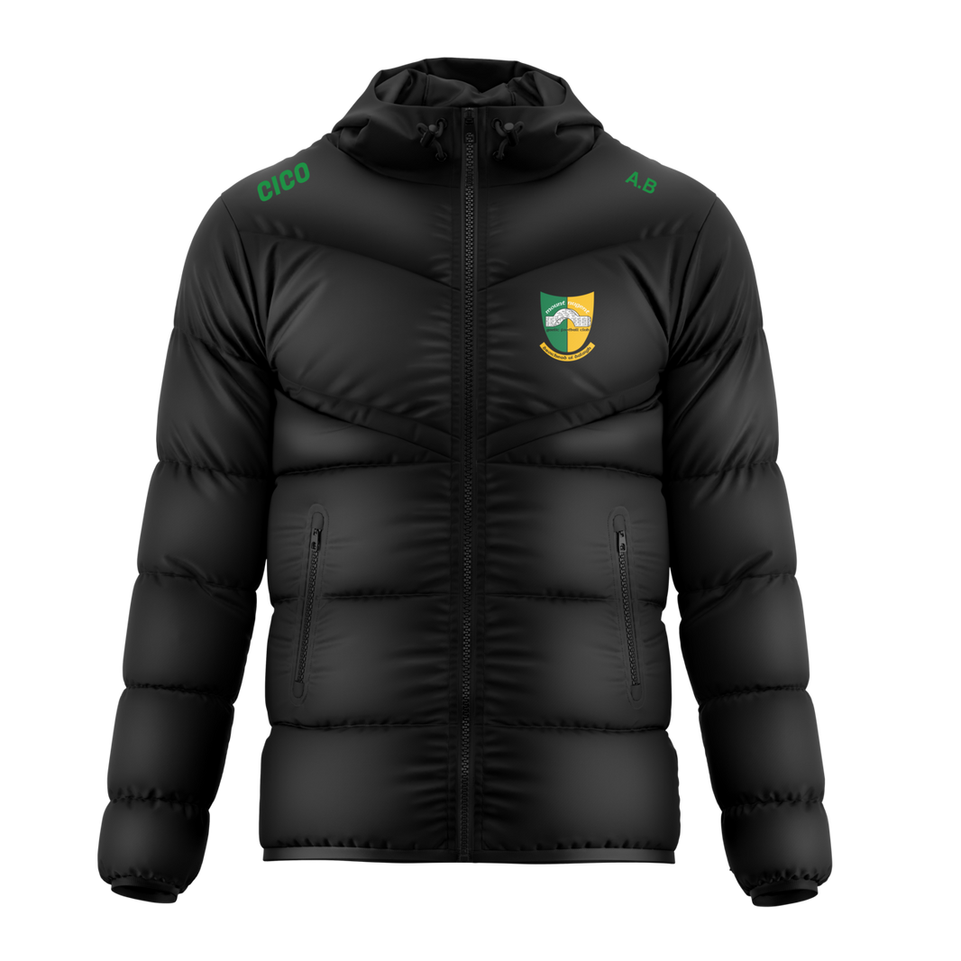 Mountnugent GAA kid's black puffer jacket with hood, emerald lettering and club crest