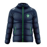 Moylagh GAA kid's navy puffer jacket with green zip and club crest