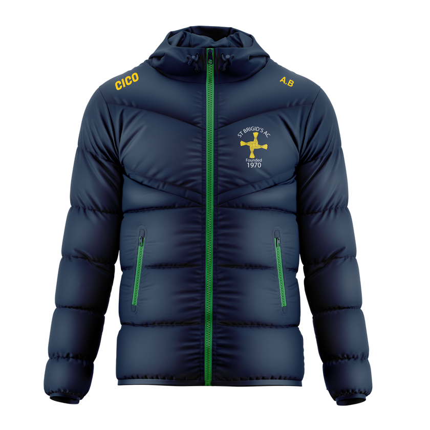 St Brigid's AC kid's navy puffer jacket with green zips and club crest - front - Cico Sports