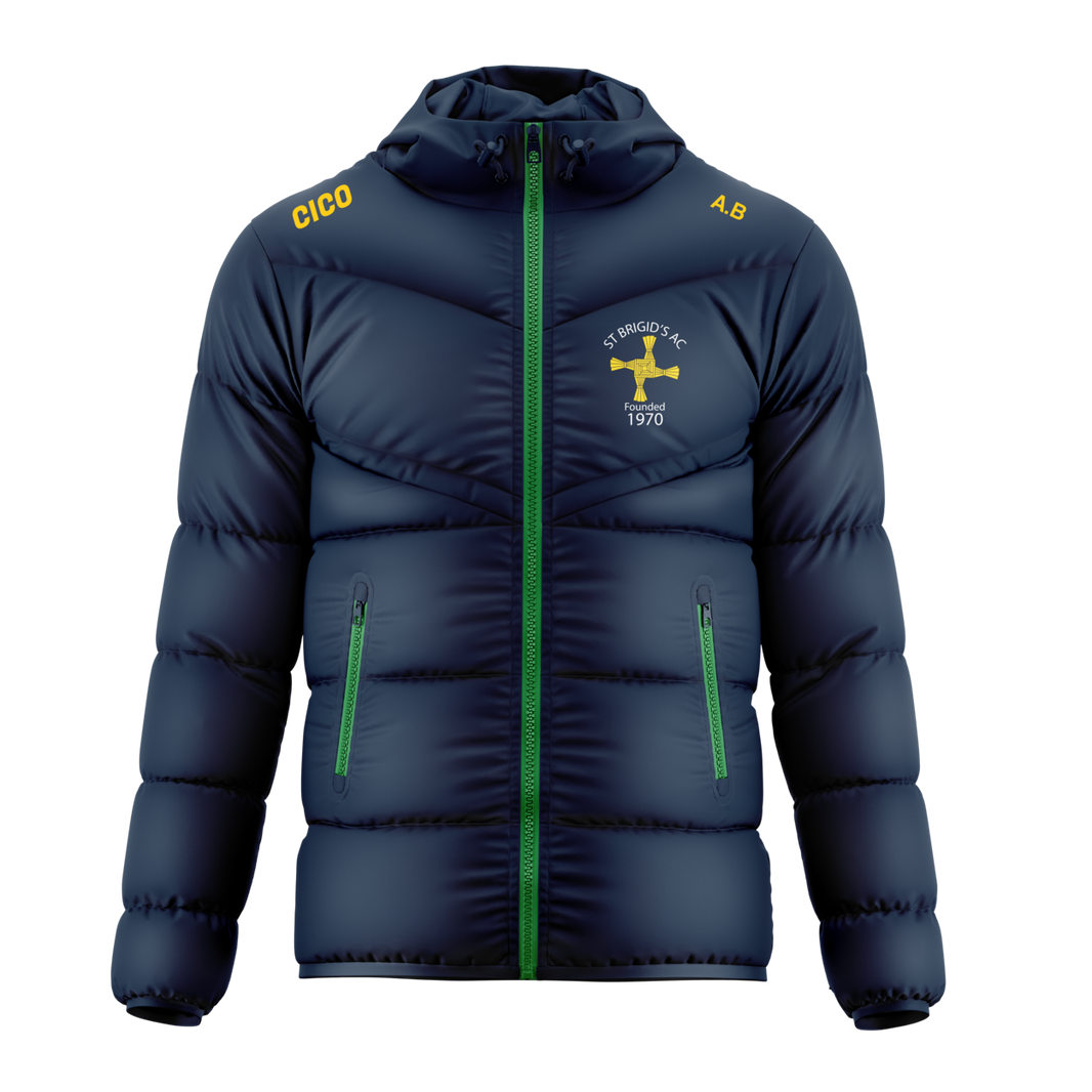 St Brigid's AC navy puffer jacket with green zips and club crest - front - Cico Sports