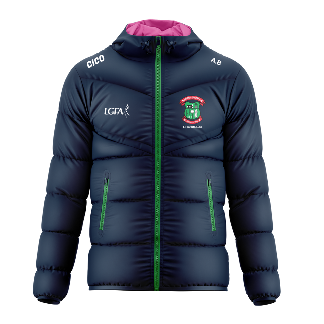 St Barry's LGFA kid's navy puffer jacket with emerald zips and pink hood lining - club merchandise