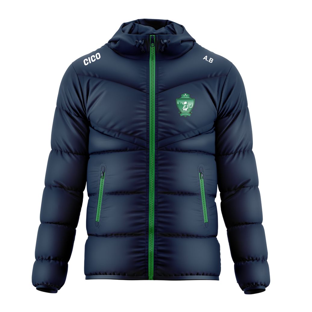 Moylagh GAA navy puffer jacket with green zip and club crest