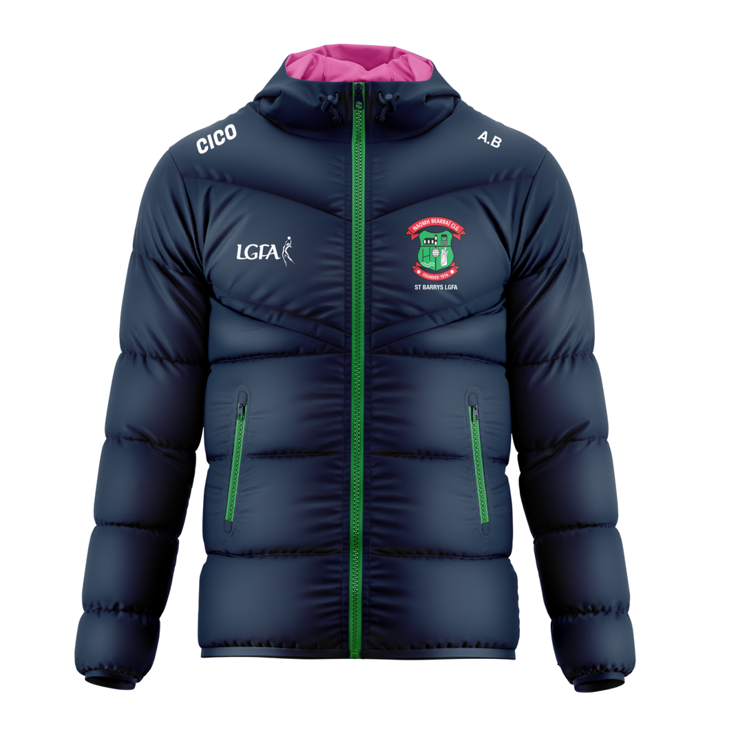 St Barry's LGFA unisex navy puffer jacket with emerald zips and pink hood lining - LGFA clothing