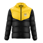 Ballinagh GAA black and amber hooded puffer jacket with club crest – front