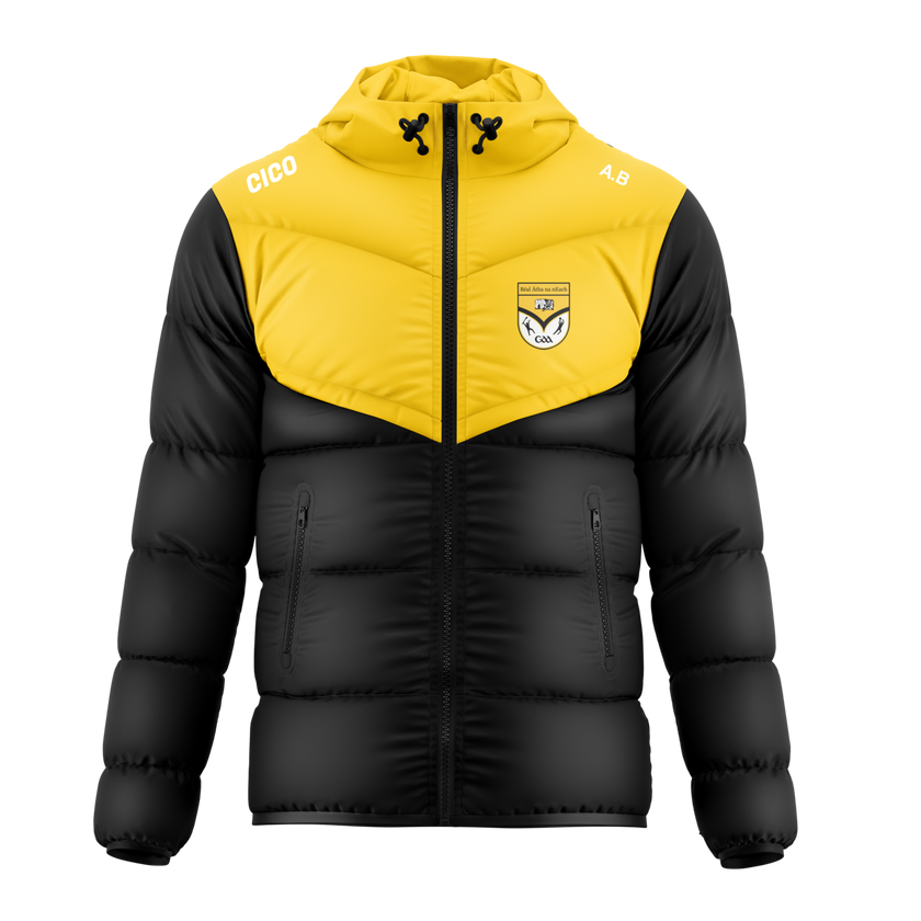 Ballinagh GAA black and amber hooded puffer jacket with club crest – front