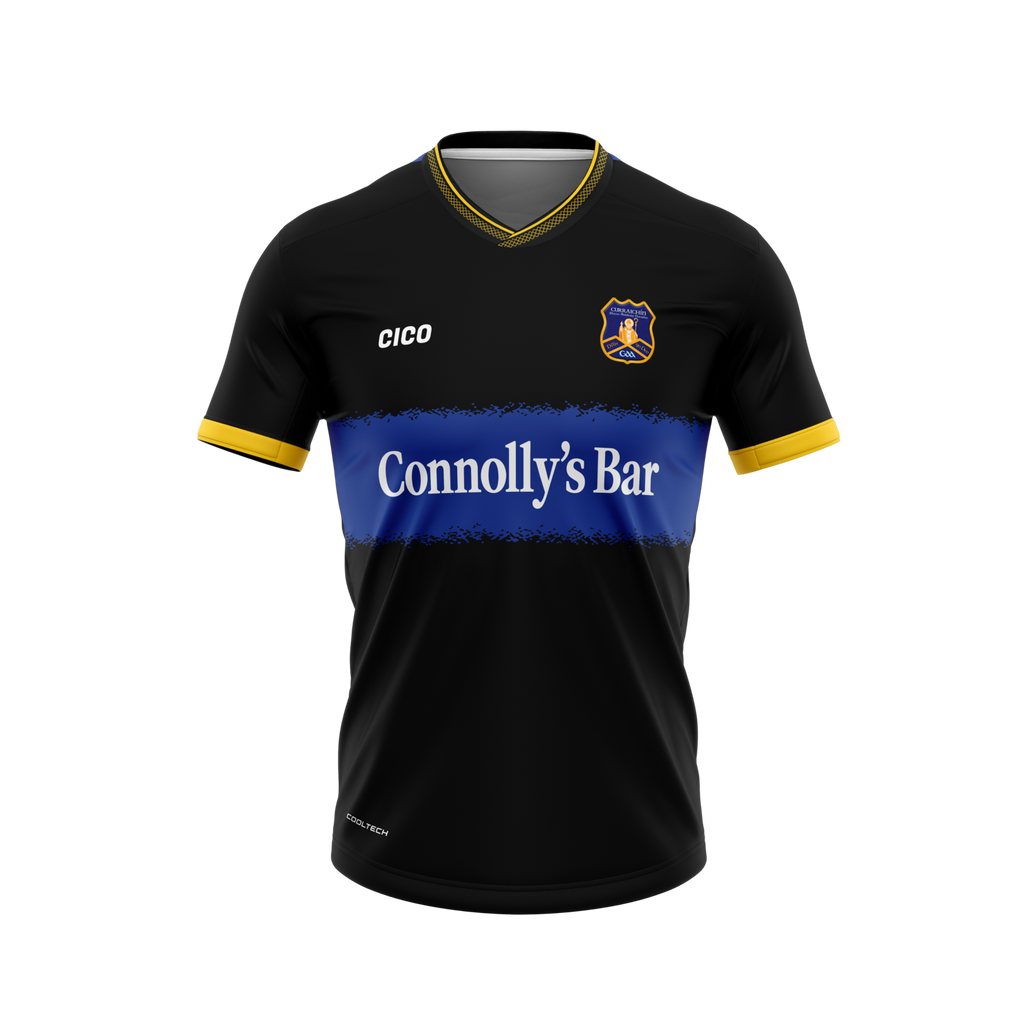 Currin GAA kid's black away jersey with royal blue chest band, dark gold collar and cuffs and club crest - front - Gaelic football club jersey by Cico Sports