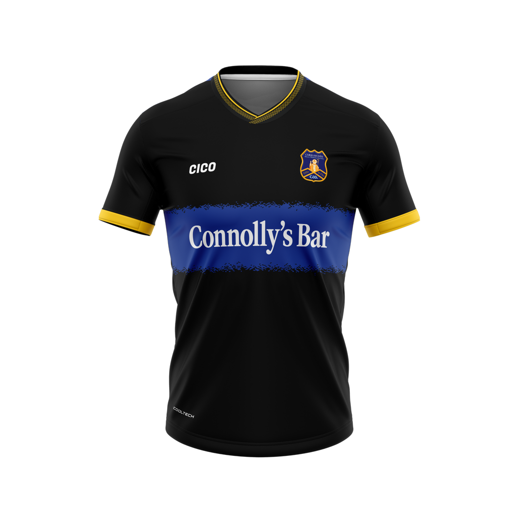 Currin GAA kid's black away jersey with royal blue chest band, dark gold collar and cuffs and club crest - front - Gaelic football club jersey by Cico Sports