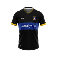 Currin GAA kid's black away jersey with royal blue chest band, dark gold collar and cuffs and club crest - front - Gaelic football club jersey by Cico Sports