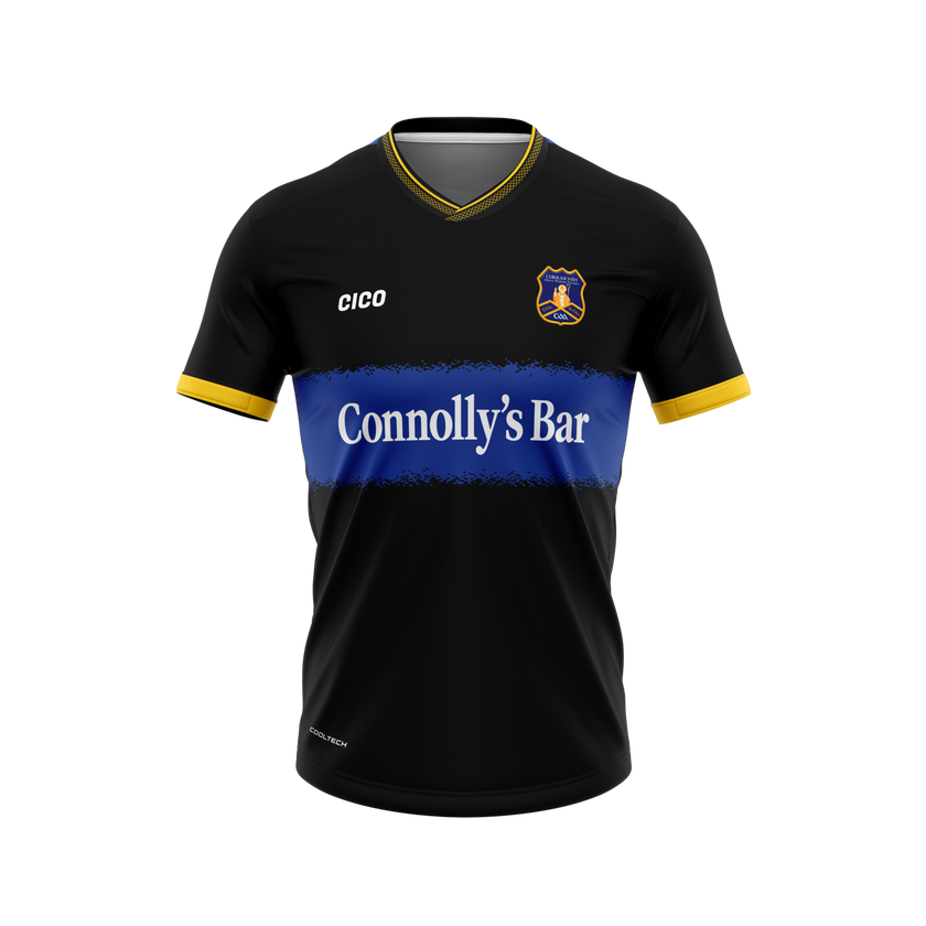 Currin GAA kid's black away jersey with royal blue chest band, dark gold collar and cuffs and club crest - front - Gaelic football club jersey by Cico Sports