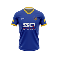 Currin GAA kid's royal blue home jersey with dark gold collar, cuffs and sleeve stripes and club crest - front - Gaelic football club jersey by Cico Sports