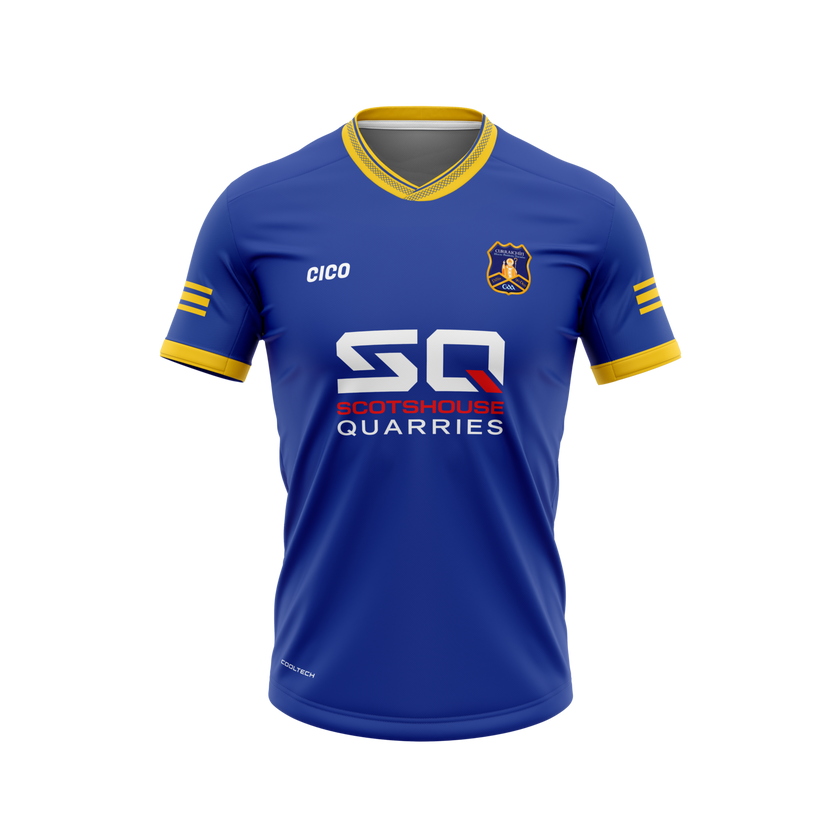 Currin GAA kid's royal blue home jersey with dark gold collar, cuffs and sleeve stripes and club crest - front - Gaelic football club jersey by Cico Sports