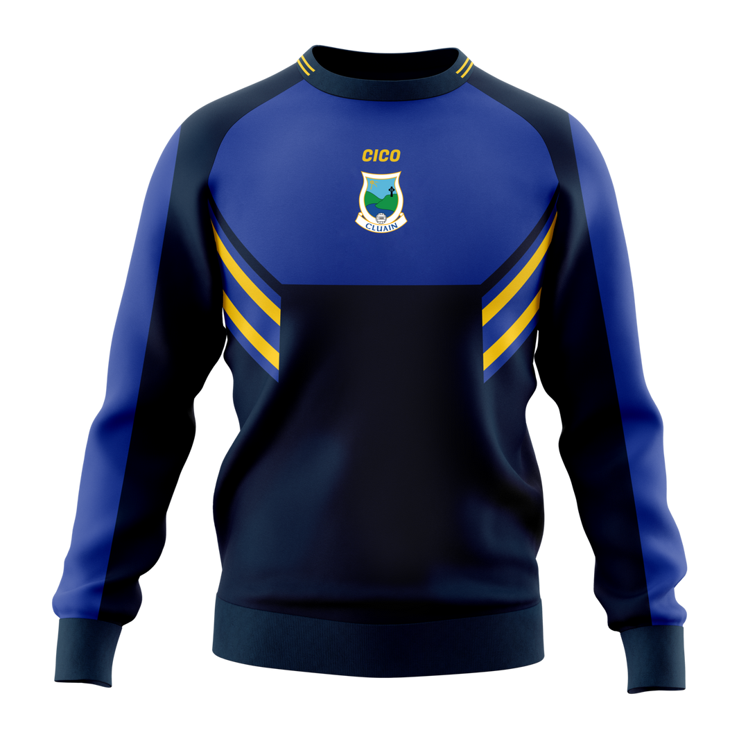 Cloone GAA royal blue and navy crewneck jumper with gold chevron stripes and Cloone crest - GAA clothing by Cico Sports