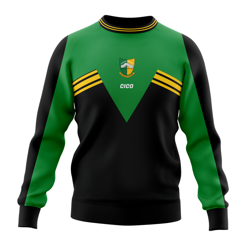Mountnugent GAA kid's crewneck in emerald green and black with gold stripes and club crest