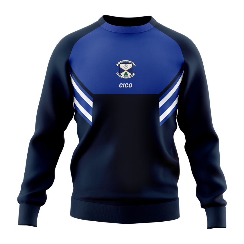 Arva GAA retro cotton crewneck in navy with royal blue yoke, white chevron stripes and club crest – front