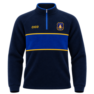 Currin GAA kid's navy polar fleece half zip with royal blue chest panel, dark gold stripes and club crest - front - Cico Sports
