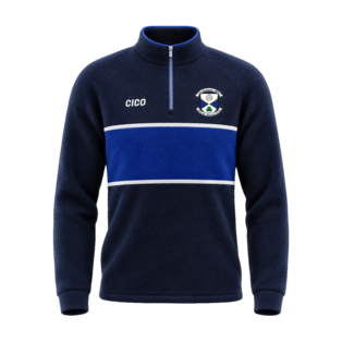 Arva GAA retro polar fleece half zip in navy with royal blue and white chest band and club crest – front