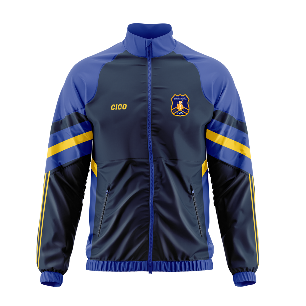 Currin GAA kid's navy and royal blue cotton tracksuit top with dark gold sleeve stripes and club crest - front - Cico Sports