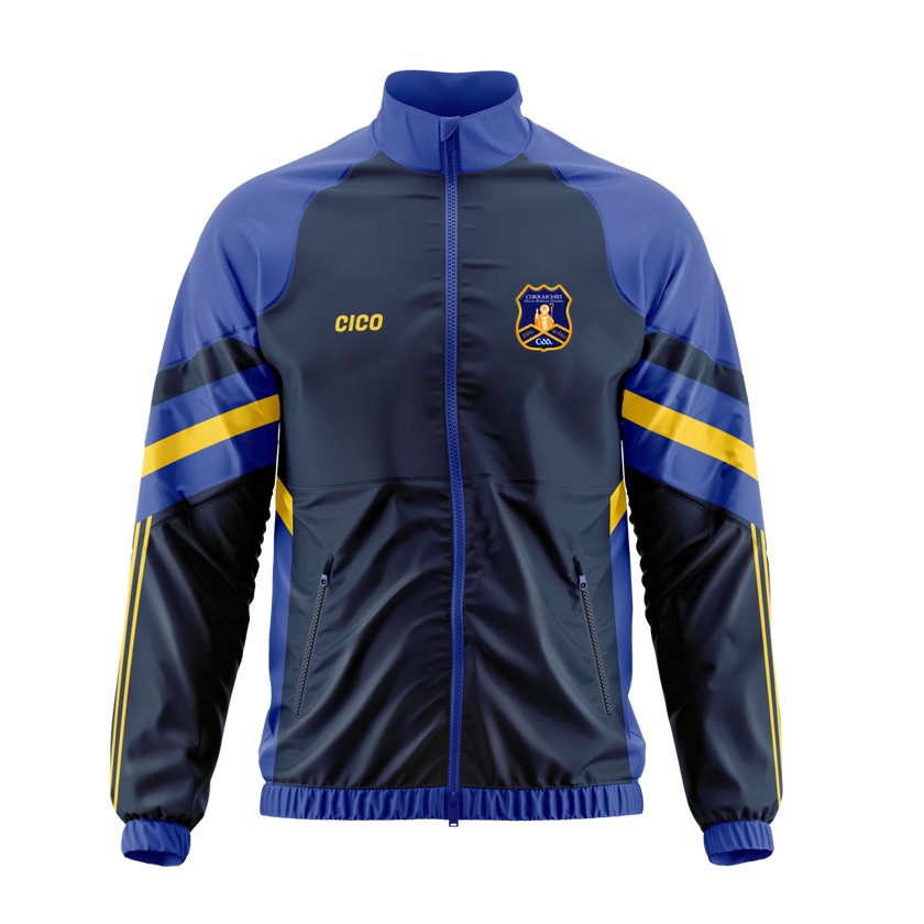 Currin GAA kid's navy and royal blue cotton tracksuit top with dark gold sleeve stripes and club crest - front - Cico Sports