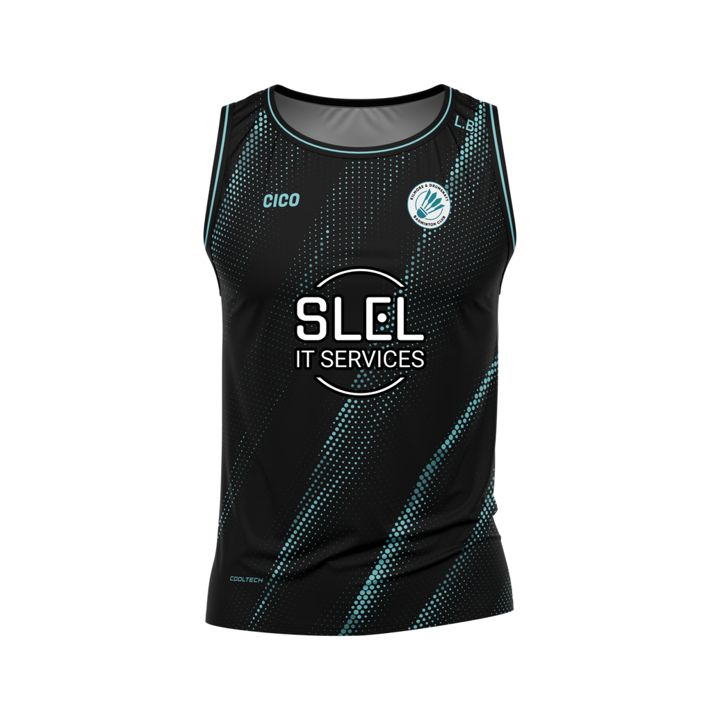 Kilmore & Drumsnatt Badminton Club black and turquoise singlet with club crest - front - Cico Sports