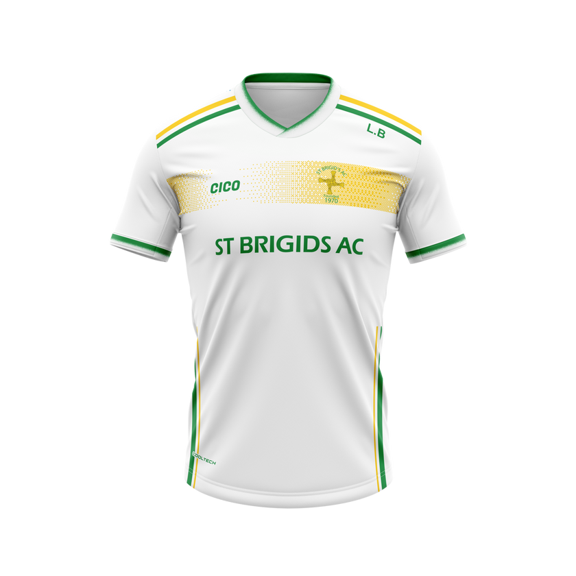 St Brigid's AC kid's white training jersey with gold chest band, green trim and club crest - front - Cico Sports