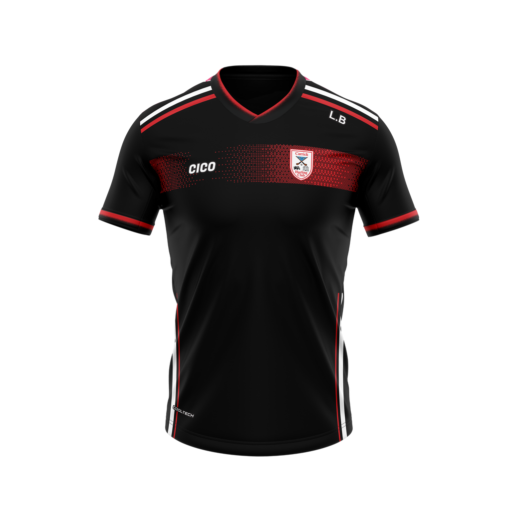 Carrick Hurling Club black and red training jersey with club crest