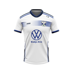 Arva GAA white training jersey with royal blue trim, club crest and Bradys Arva sponsor – front