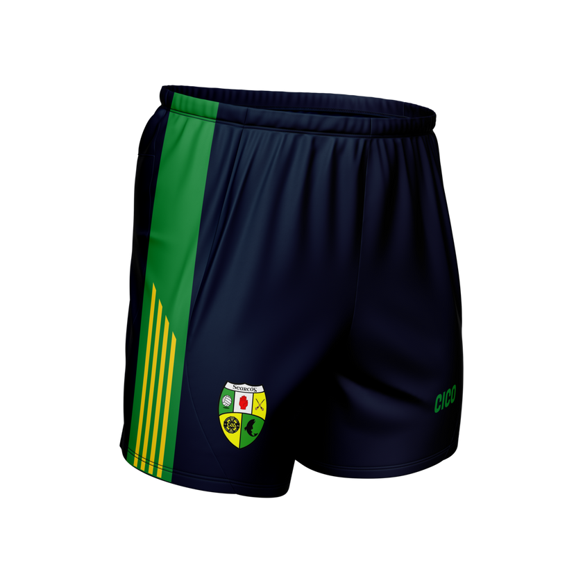 Shercock GAA & LGFA navy Gaelic shorts with green and gold side panel and club crest - GAA clothing