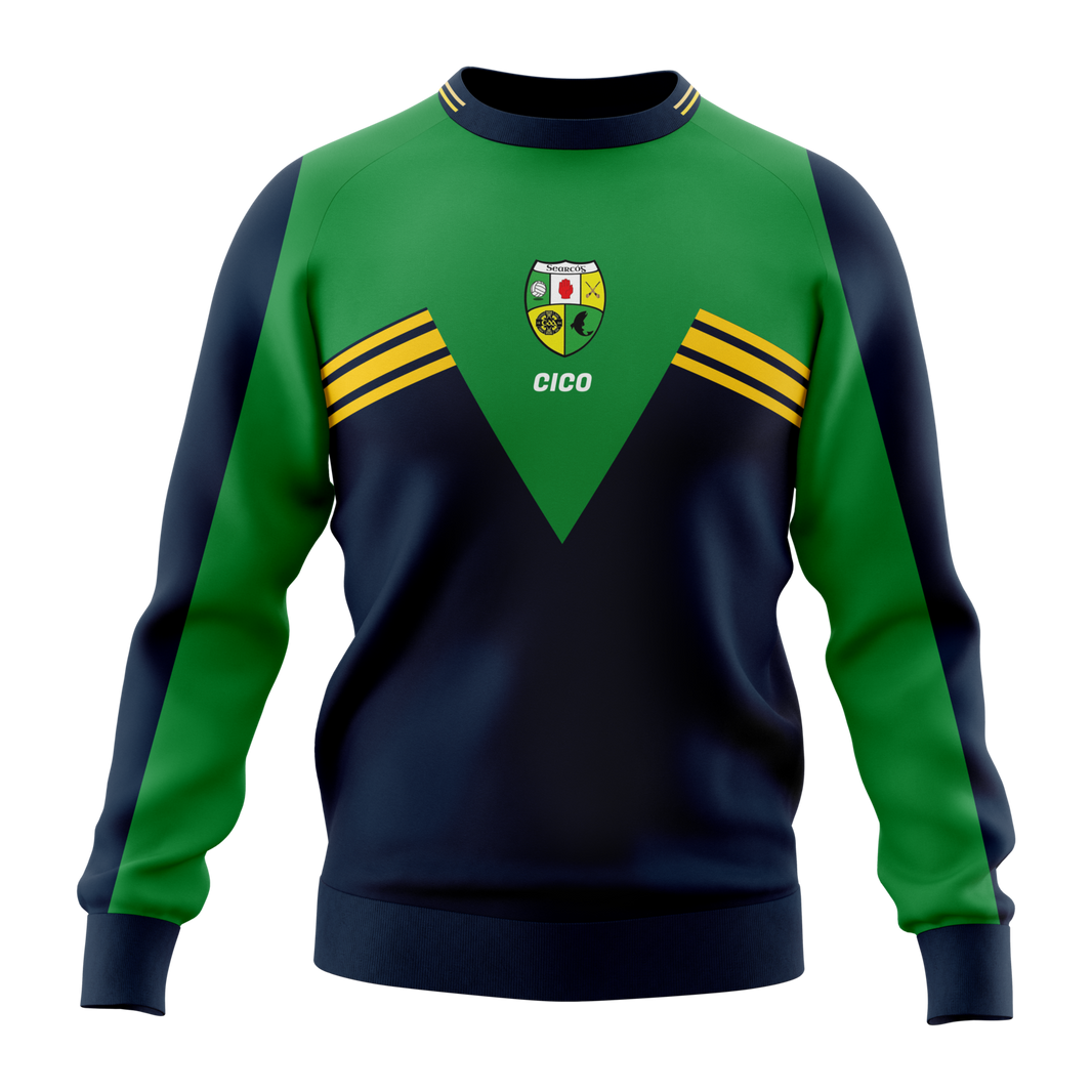 Shercock GAA & LGFA green and navy retro crewneck with gold stripes and club crest - GAA clothing