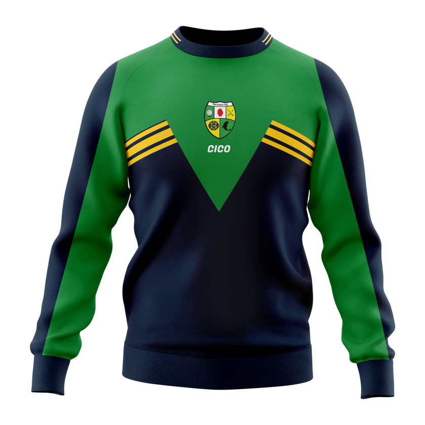 Shercock GAA & LGFA green and navy retro crewneck with gold stripes and club crest - GAA clothing
