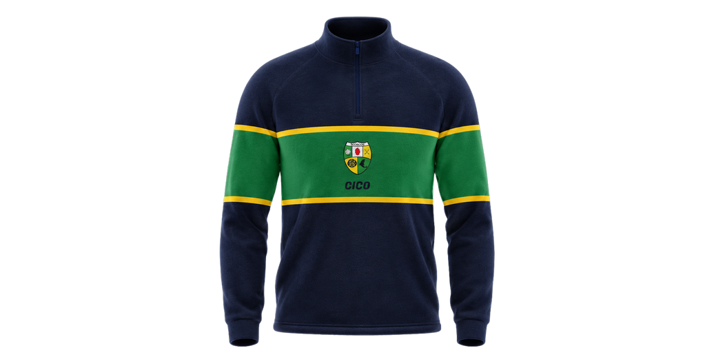 Shercock GAA & LGFA navy and green retro half zip crewneck with gold stripes and club crest - GAA clothing